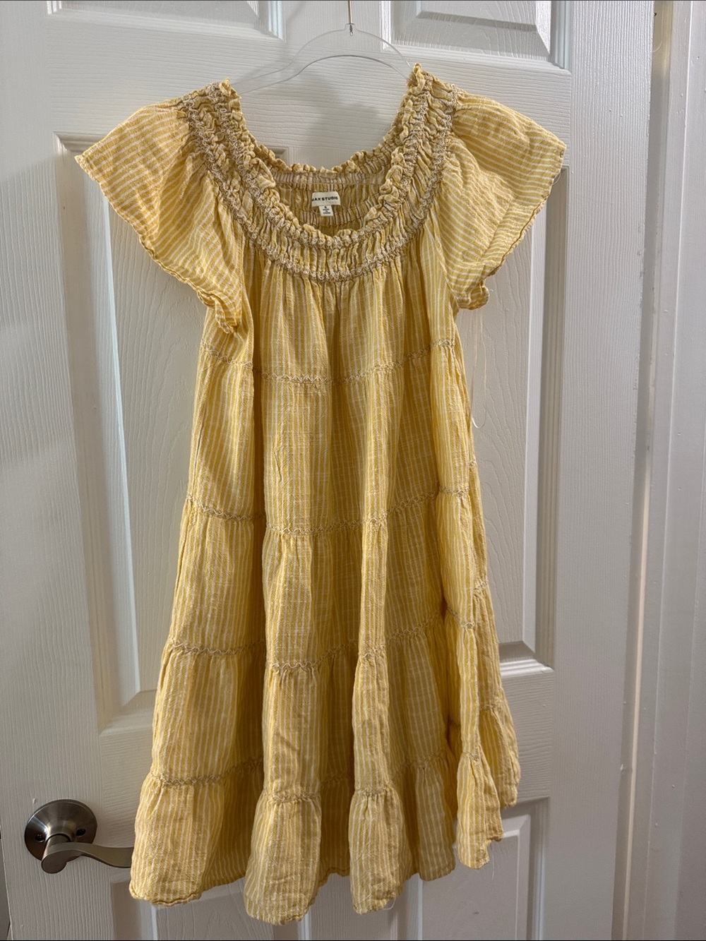 Max Studio Women’s Yellow Stripe Ruffle Neck babydoll dress